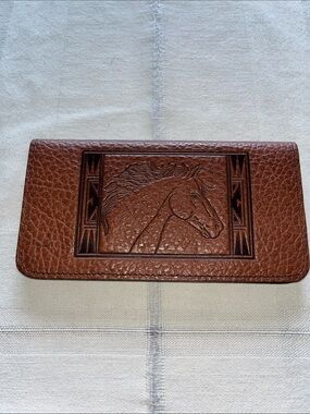 Vintage Hand-Tooled Leather Checkbook Bifold Horse Embossed Men's Wallet